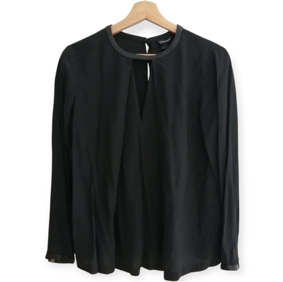 Club Monaco Silk Pleated Keyhole Neck Black Blouse With Lamb Leather Trim XS - Picture 1 of 16